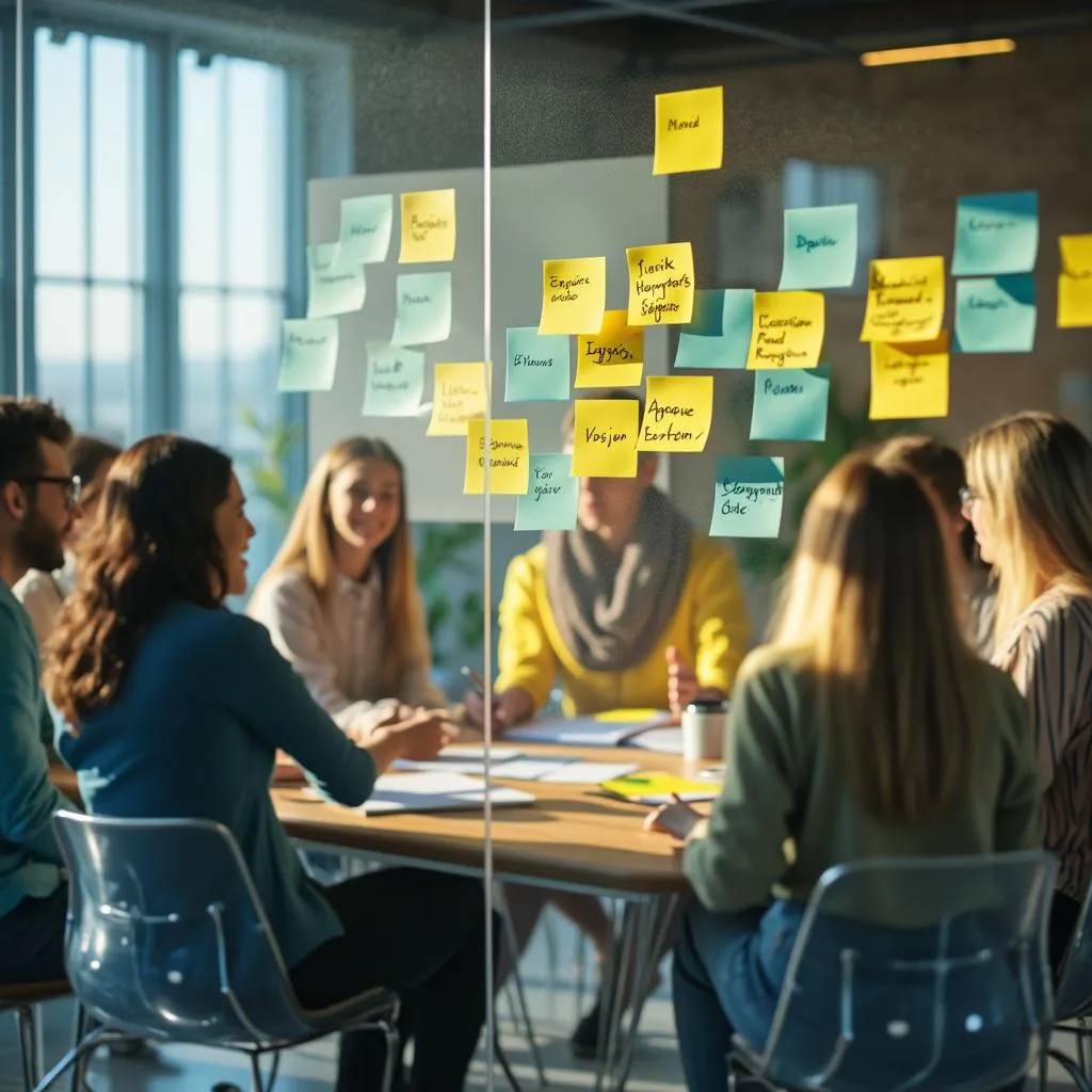 Equipo discutiendo la misión y visión de la empresa